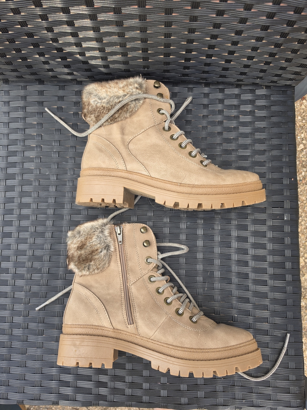 Suede Faux-Fur Lug Sole Ankle Boots - Taupe